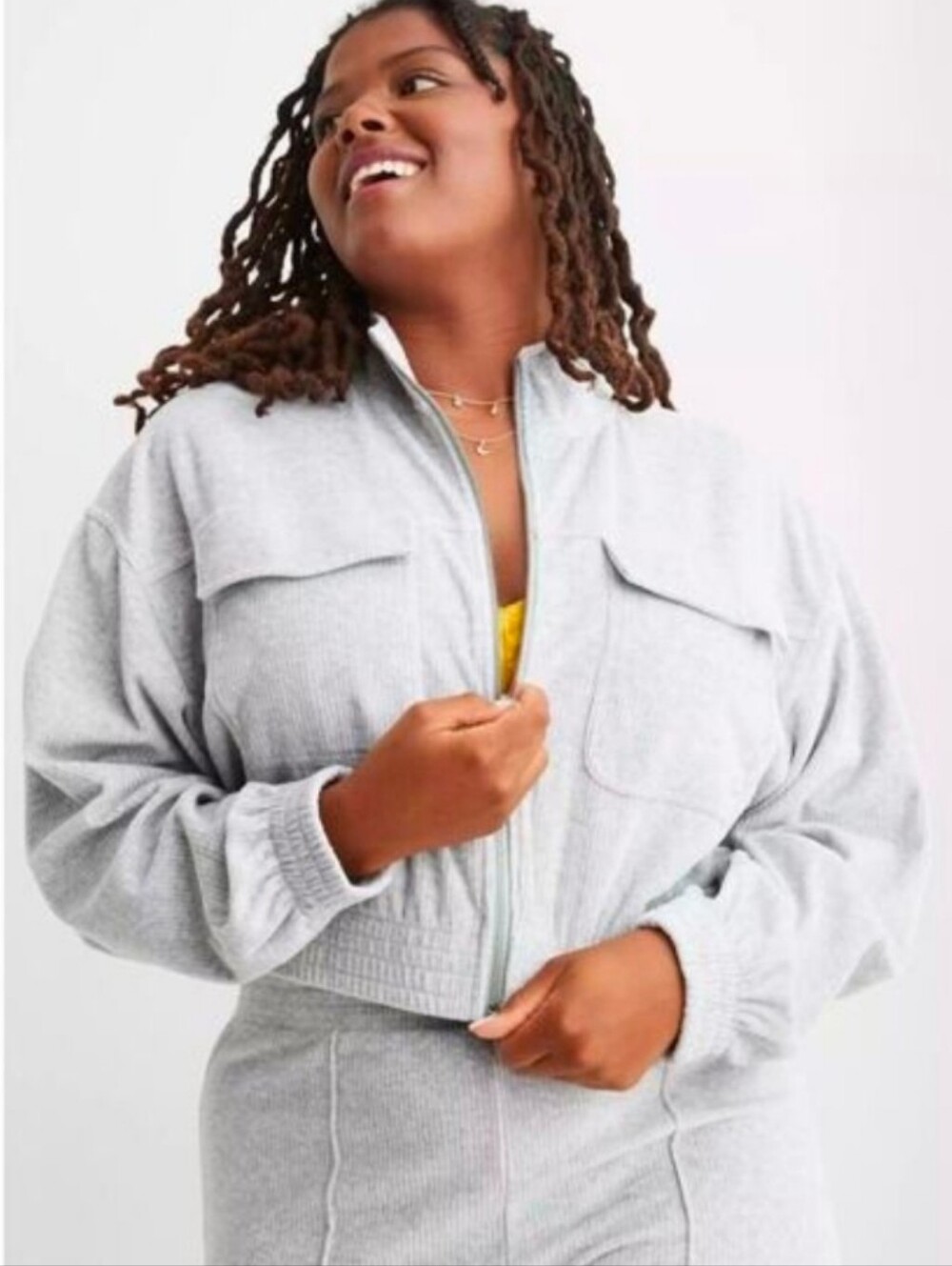 Aerie Light Gray Zip Front Cropped Long Sleeve Jacket